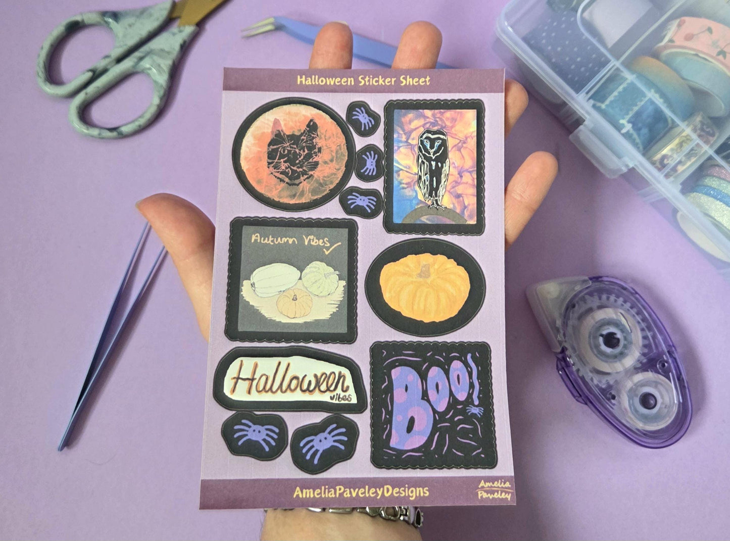 Halloween Sticker Sheet: Spooky Cat, Pumpkin, Owl - Autumn Vibes