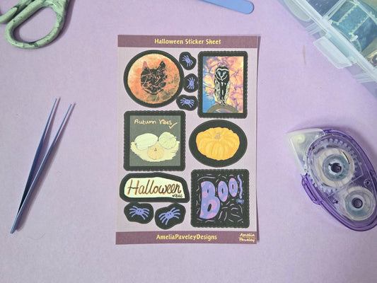 Halloween Sticker Sheet: Spooky Cat, Pumpkin, Owl - Autumn Vibes