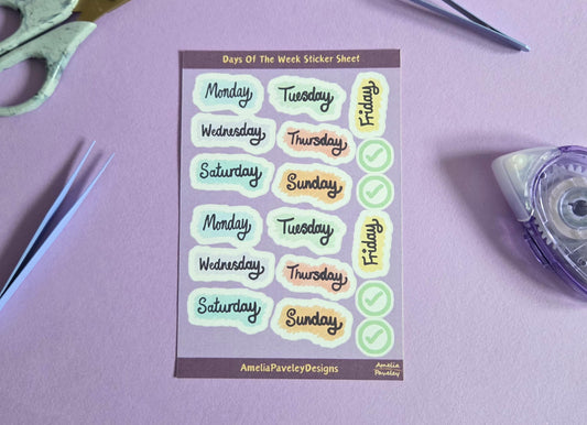 Days of the Week Sticker Sheet | Planner Stickers for Journals & Diaries | Weekly Organisation Stickers