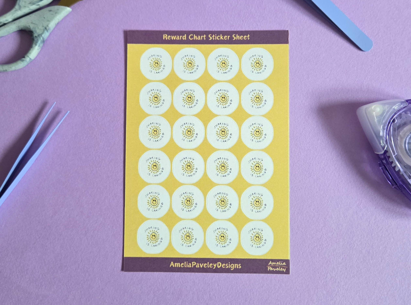 Sharing is Caring Reward Stickers | Classroom Kindness Stickers for Kids | Positive Behaviour Chart Stickers | Smiley Sun Design