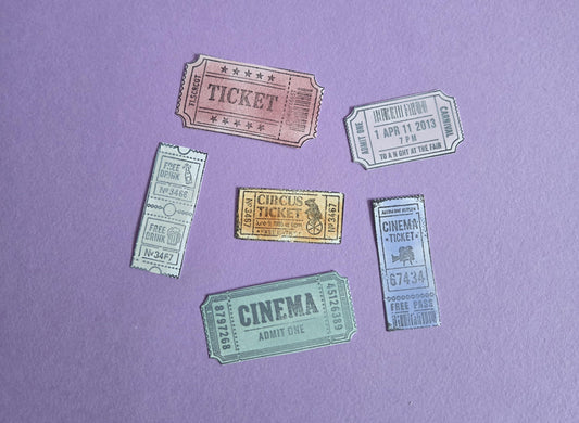 Retro Individual Ticket Ephemera Set of 6 | Cinema Circus Carnival Tickets | Vintage Junk Journal Scrapbooking Supplies