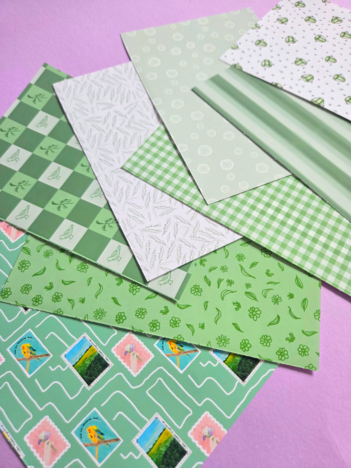 Green Floral Pigeon Scrap Paper Pack – A5 Soft Green Gemstone Wicked-Inspired Junk Journal & Scrapbooking Papers (Set of 8)