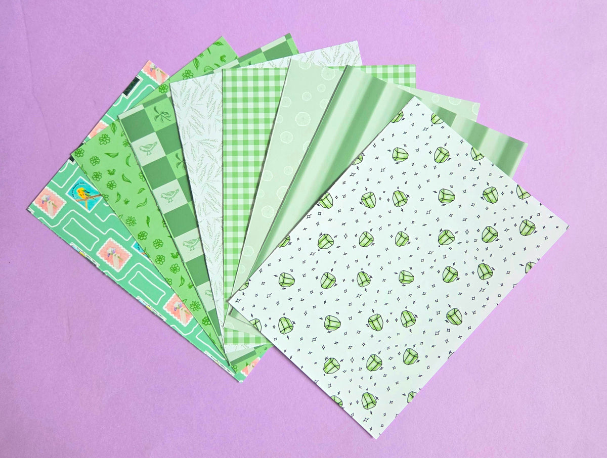 Green Floral Pigeon Scrap Paper Pack – A5 Soft Green Gemstone Wicked-Inspired Junk Journal & Scrapbooking Papers (Set of 8)