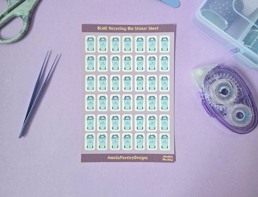 Blue Recycling Bin Planner Stickers – Waste Collection Reminder Sheet