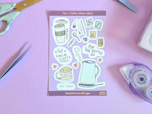 Tea and Coffee Sticker Sheet | Cute Hand Drawn Kettle and Mug Stickers | Planner Stickers, Journal Stickers, Cozy Stationery Gift