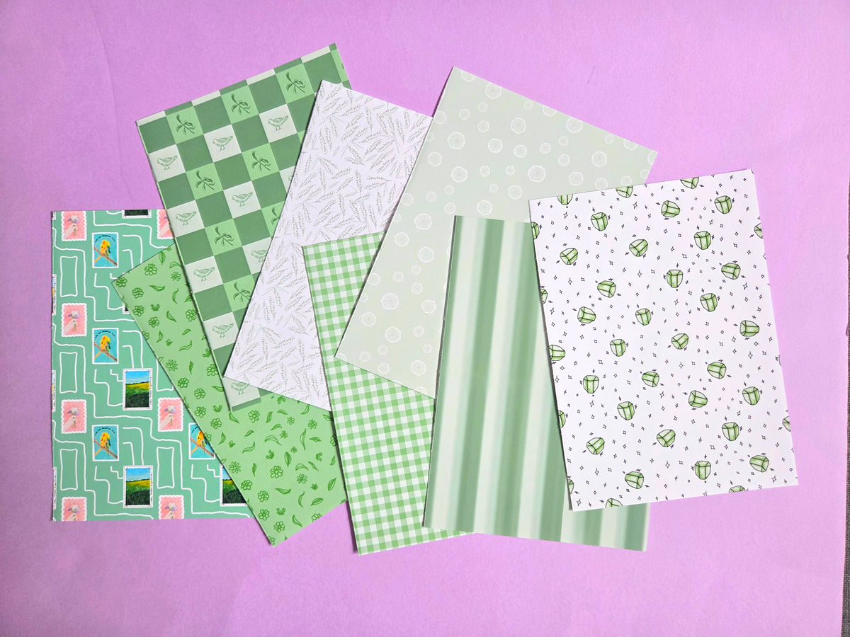 Green Floral Pigeon Scrap Paper Pack – A5 Soft Green Gemstone Wicked-Inspired Junk Journal & Scrapbooking Papers (Set of 8)