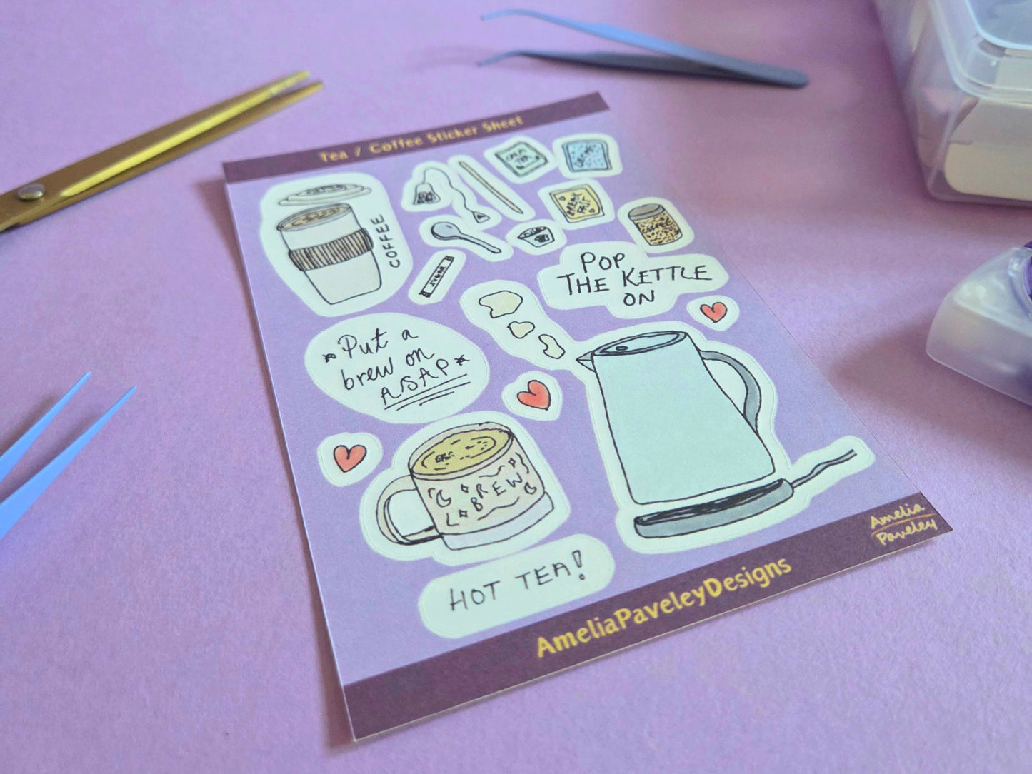 Tea and Coffee Sticker Sheet | Cute Hand Drawn Kettle and Mug Stickers | Planner Stickers, Journal Stickers, Cozy Stationery Gift