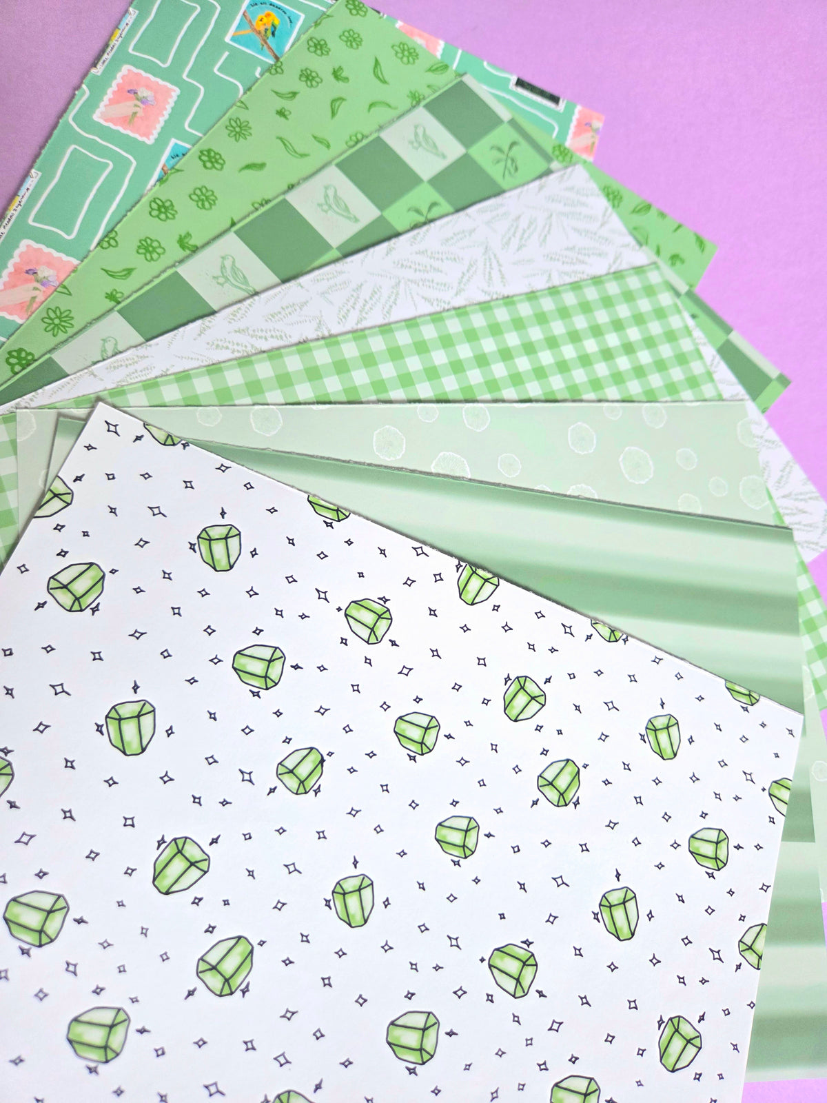 Green Floral Pigeon Scrap Paper Pack – A5 Soft Green Gemstone Wicked-Inspired Junk Journal & Scrapbooking Papers (Set of 8)