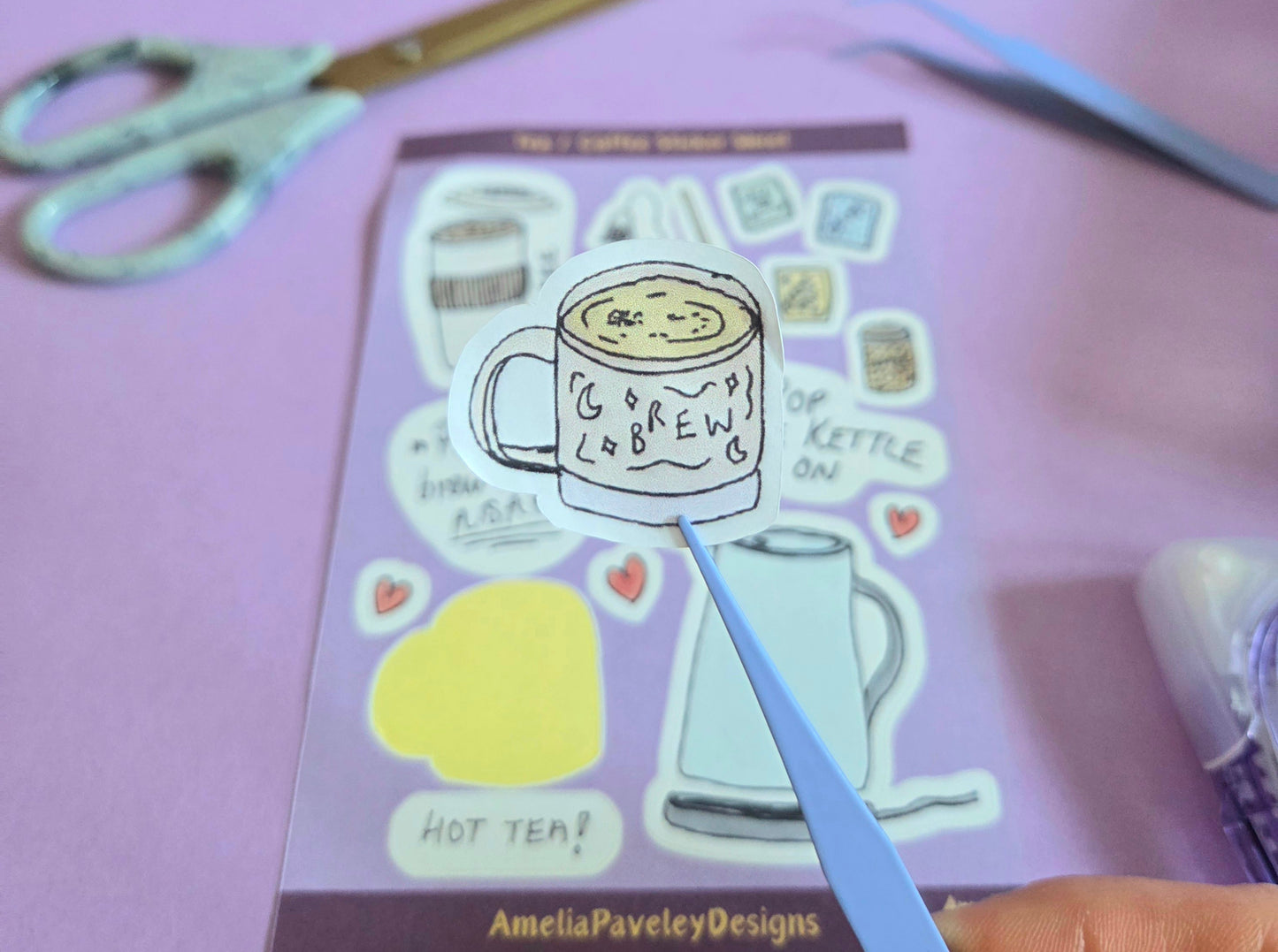 Tea and Coffee Sticker Sheet | Cute Hand Drawn Kettle and Mug Stickers | Planner Stickers, Journal Stickers, Cozy Stationery Gift