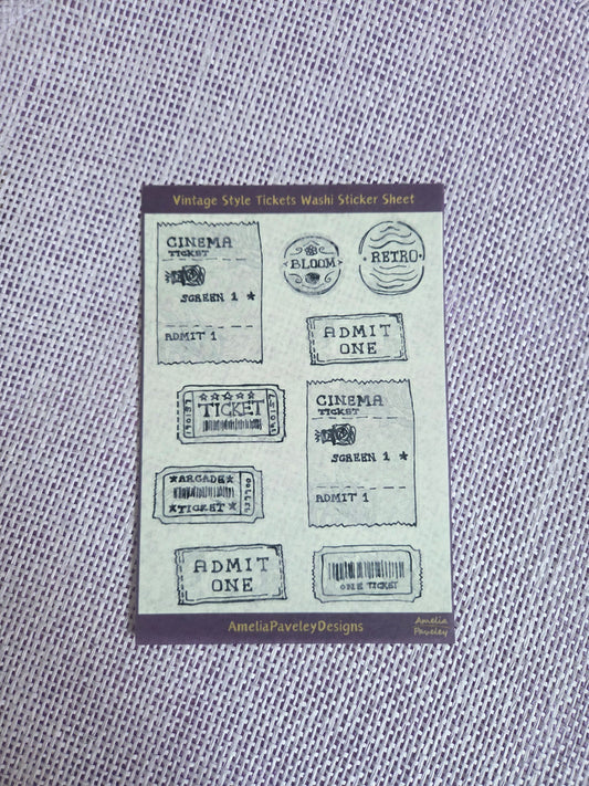 Vintage Style Ticket Sticker Sheet | Cinema & Retro Tickets | Junk Journal & Scrapbooking Stickers