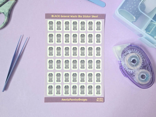 Black General Waste Bin Planner Stickers – Rubbish Collection Reminder Sheet