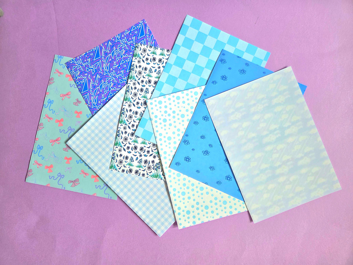 Blue Floral Scrap Paper Pack – A5 Soft Blue Aesthetic Junk Journal & Scrapbooking Papers (Set of 8)