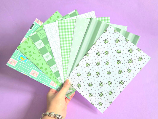 Green Floral Pigeon Scrap Paper Pack – A5 Soft Green Gemstone Wicked-Inspired Junk Journal & Scrapbooking Papers (Set of 8)