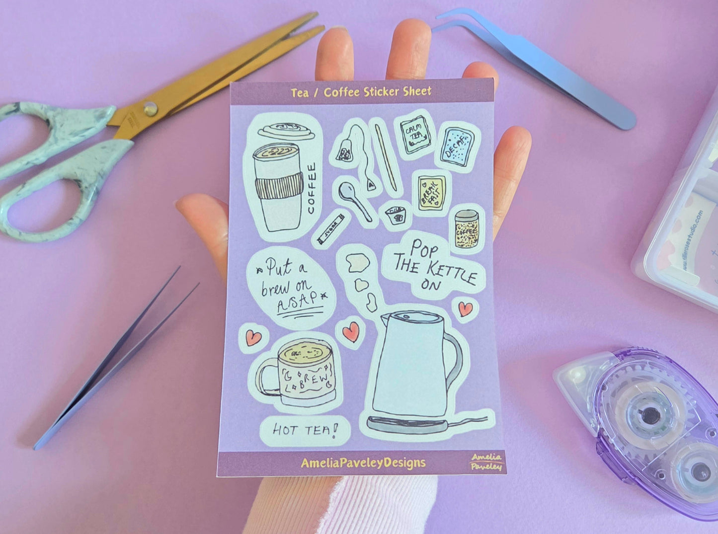 Tea and Coffee Sticker Sheet | Cute Hand Drawn Kettle and Mug Stickers | Planner Stickers, Journal Stickers, Cozy Stationery Gift