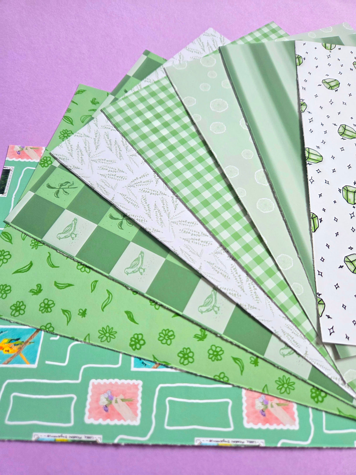 Green Floral Pigeon Scrap Paper Pack – A5 Soft Green Gemstone Wicked-Inspired Junk Journal & Scrapbooking Papers (Set of 8)