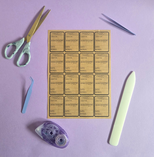 ATC Brown Kraft Artist Trading Card Sticker Sheet (1 STICKER SHEET) | Matte Peel & Stick ATC Backing Labels | Artist Info Stickers for Junk Journals, Scrapbooking & Mixed Media Art